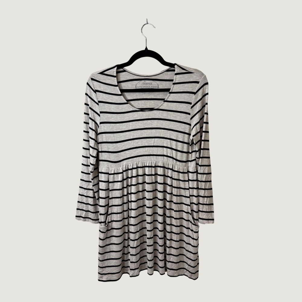 Soma Striped Empire Waist Babydoll Lounge Dress Flowy Black Beige M Soft Stretch